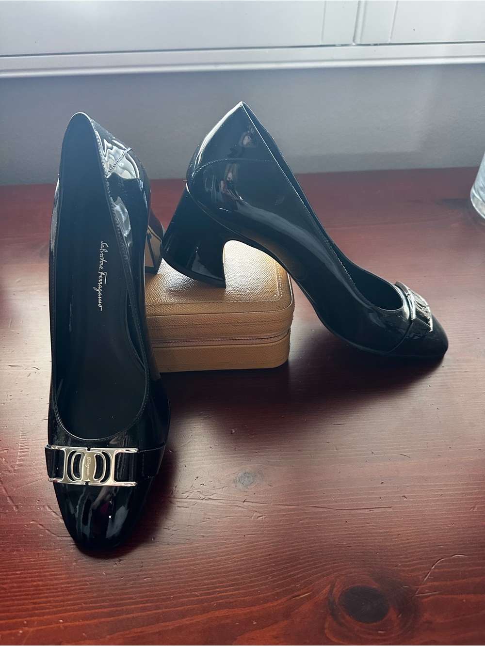 Salvatore Ferragamo Black Patent Leather Block-Heel Pumps with Silver Accent
